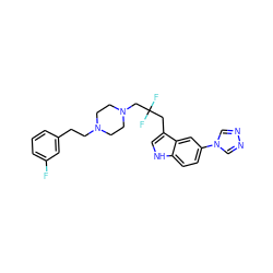 Fc1cccc(CCN2CCN(CC(F)(F)Cc3c[nH]c4ccc(-n5cnnc5)cc34)CC2)c1 ZINC000022931029