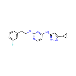 Fc1cccc(CCNc2nccc(Nc3cc(C4CC4)[nH]n3)n2)c1 ZINC000084634529