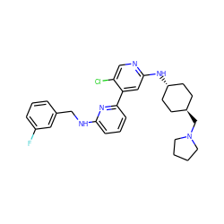 Fc1cccc(CNc2cccc(-c3cc(N[C@H]4CC[C@H](CN5CCCC5)CC4)ncc3Cl)n2)c1 ZINC000261102408