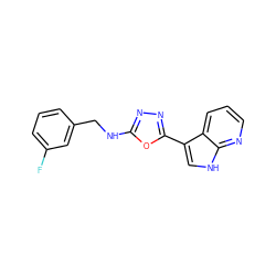 Fc1cccc(CNc2nnc(-c3c[nH]c4ncccc34)o2)c1 ZINC000068201435