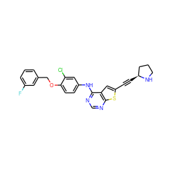 Fc1cccc(COc2ccc(Nc3ncnc4sc(C#C[C@H]5CCCN5)cc34)cc2Cl)c1 ZINC000059114934