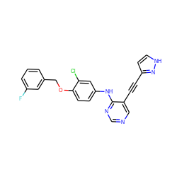 Fc1cccc(COc2ccc(Nc3ncncc3C#Cc3cc[nH]n3)cc2Cl)c1 ZINC000034799989