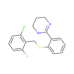 Fc1cccc(Cl)c1CSc1ccccc1C1=NCCCN1 ZINC000000139184