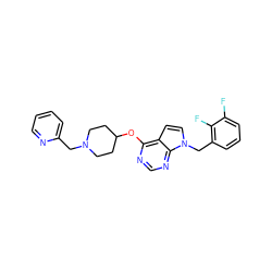 Fc1cccc(Cn2ccc3c(OC4CCN(Cc5ccccn5)CC4)ncnc32)c1F ZINC000084618715