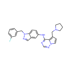 Fc1cccc(Cn2ncc3cc(Nc4ncnn5ccc(CN6CCCC6)c45)ccc32)c1 ZINC000028817129