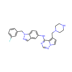 Fc1cccc(Cn2ncc3cc(Nc4ncnn5ccc(CN6CCNCC6)c45)ccc32)c1 ZINC000028817158