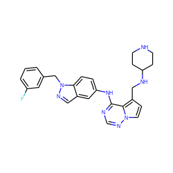 Fc1cccc(Cn2ncc3cc(Nc4ncnn5ccc(CNC6CCNCC6)c45)ccc32)c1 ZINC000028902981