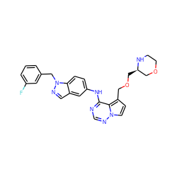 Fc1cccc(Cn2ncc3cc(Nc4ncnn5ccc(COC[C@@H]6COCCN6)c45)ccc32)c1 ZINC000028901118