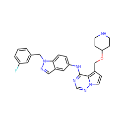 Fc1cccc(Cn2ncc3cc(Nc4ncnn5ccc(COC6CCNCC6)c45)ccc32)c1 ZINC000028901082