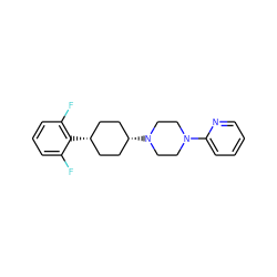 Fc1cccc(F)c1[C@H]1CC[C@@H](N2CCN(c3ccccn3)CC2)CC1 ZINC000100085750