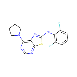 Fc1cccc(F)c1Nc1nc2c(N3CCCC3)ncnc2s1 ZINC000653825377