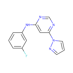 Fc1cccc(Nc2cc(-n3cccn3)ncn2)c1 ZINC000000299993