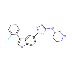 Fc1ccccc1-c1c[nH]c2ccc(-c3nnc(N[C@H]4CCCNC4)s3)cc12 ZINC000145374672