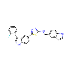 Fc1ccccc1-c1c[nH]c2ccc(-c3nnc(NCc4ccc5[nH]ccc5c4)s3)cc12 ZINC000145408843