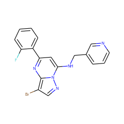 Fc1ccccc1-c1cc(NCc2cccnc2)n2ncc(Br)c2n1 ZINC000096176121