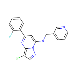 Fc1ccccc1-c1cc(NCc2cccnc2)n2ncc(Cl)c2n1 ZINC000096176122