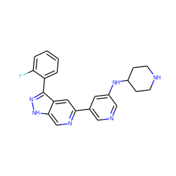 Fc1ccccc1-c1n[nH]c2cnc(-c3cncc(NC4CCNCC4)c3)cc12 ZINC000205259556