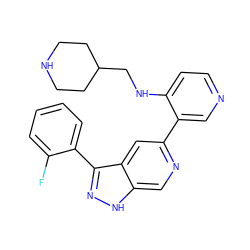 Fc1ccccc1-c1n[nH]c2cnc(-c3cnccc3NCC3CCNCC3)cc12 ZINC000205266768