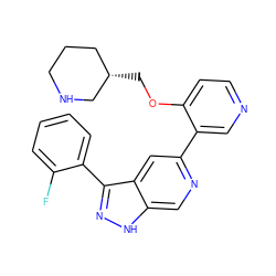 Fc1ccccc1-c1n[nH]c2cnc(-c3cnccc3OC[C@H]3CCCNC3)cc12 ZINC000205260150