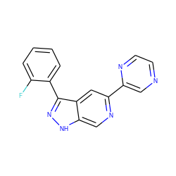 Fc1ccccc1-c1n[nH]c2cnc(-c3cnccn3)cc12 ZINC000205266561