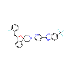 Fc1ccccc1C[C@H]1OC2(CCN(c3ccc(-c4nc5ccc(C(F)(F)F)cc5[nH]4)cn3)CC2)c2ccccc21 ZINC001772632876