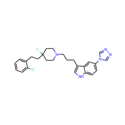 Fc1ccccc1CCC1(F)CCN(CCCc2c[nH]c3ccc(-n4cnnc4)cc23)CC1 ZINC000013557024