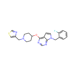 Fc1ccccc1Cn1ccc2c(OC3CCN(Cc4cscn4)CC3)ncnc21 ZINC000084604330