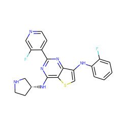 Fc1ccccc1Nc1csc2c(N[C@@H]3CCNC3)nc(-c3ccncc3F)nc12 ZINC000223663417