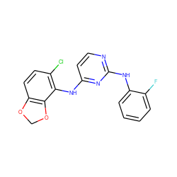 Fc1ccccc1Nc1nccc(Nc2c(Cl)ccc3c2OCO3)n1 ZINC000029042526