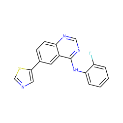 Fc1ccccc1Nc1ncnc2ccc(-c3cncs3)cc12 ZINC000299851103