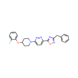 Fc1ccccc1OC1CCN(c2ccc(-c3nc(Cc4ccccc4)no3)nn2)CC1 ZINC000028655419