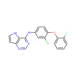 Fc1ccccc1Oc1ccc(Nc2ncnc3cc[nH]c23)cc1Cl ZINC000073141881