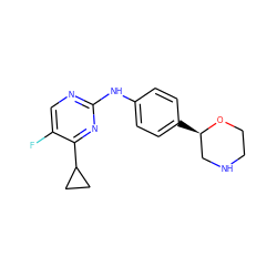 Fc1cnc(Nc2ccc([C@@H]3CNCCO3)cc2)nc1C1CC1 ZINC000150030869