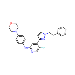 Fc1cnc(Nc2ccc(N3CCOCC3)cc2)cc1-c1ccn(CCc2ccccc2)n1 ZINC000071331602