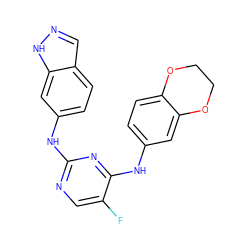 Fc1cnc(Nc2ccc3cn[nH]c3c2)nc1Nc1ccc2c(c1)OCCO2 ZINC000034612861