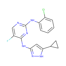 Fc1cnc(Nc2ccccc2Cl)nc1Nc1cc(C2CC2)[nH]n1 ZINC000203008028