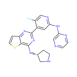 Fc1cnc(Nc2cnccn2)cc1-c1nc(N[C@@H]2CCNC2)c2sccc2n1 ZINC000223678586