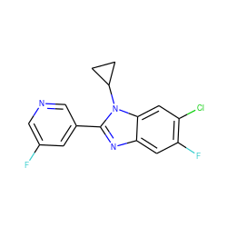 Fc1cncc(-c2nc3cc(F)c(Cl)cc3n2C2CC2)c1 ZINC000199454321