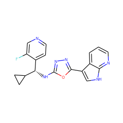 Fc1cnccc1[C@H](Nc1nnc(-c2c[nH]c3ncccc23)o1)C1CC1 ZINC000103247494