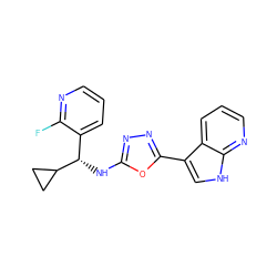 Fc1ncccc1[C@H](Nc1nnc(-c2c[nH]c3ncccc23)o1)C1CC1 ZINC000103247492