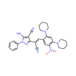 N#C/C(=C\c1cc([N+](=O)[O-])c(N2CCCCC2)cc1N1CCCCC1)c1nn(-c2ccccc2)c(N)c1C#N ZINC000006474570