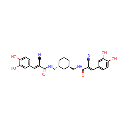 N#C/C(=C\c1ccc(O)c(O)c1)C(=O)NC[C@@H]1CCC[C@@H](CNC(=O)/C(C#N)=C/c2ccc(O)c(O)c2)C1 ZINC000013760520