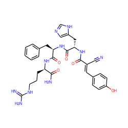 N#C/C(=C\c1ccc(O)cc1)C(=O)N[C@@H](Cc1cnc[nH]1)C(=O)N[C@H](Cc1ccccc1)C(=O)N[C@H](CCCNC(=N)N)C(N)=O ZINC000049670039