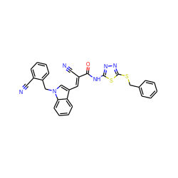 N#C/C(=C\c1cn(Cc2ccccc2C#N)c2ccccc12)C(=O)Nc1nnc(SCc2ccccc2)s1 ZINC000299818884