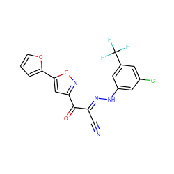 N#C/C(=N\Nc1cc(Cl)cc(C(F)(F)F)c1)C(=O)c1cc(-c2ccco2)on1 ZINC001772637821