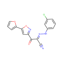 N#C/C(=N\Nc1cccc(Cl)c1)C(=O)c1cc(-c2ccco2)on1 ZINC001772578058