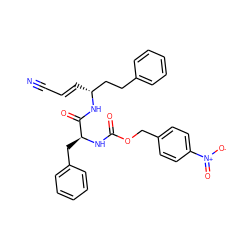 N#C/C=C/[C@H](CCc1ccccc1)NC(=O)[C@H](Cc1ccccc1)NC(=O)OCc1ccc([N+](=O)[O-])cc1 ZINC001772617836