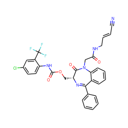 N#C/C=C/CNC(=O)CN1C(=O)[C@@H](COC(=O)Nc2ccc(Cl)cc2C(F)(F)F)N=C(c2ccccc2)c2ccccc21 ZINC000042807611