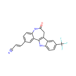 N#C/C=C/c1ccc2c(c1)-c1[nH]c3ccc(C(F)(F)F)cc3c1CC(=O)N2 ZINC000013532057