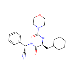 N#C[C@@H](NC(=O)[C@H](CC1CCCCC1)NC(=O)N1CCOCC1)c1ccccc1 ZINC000013492541